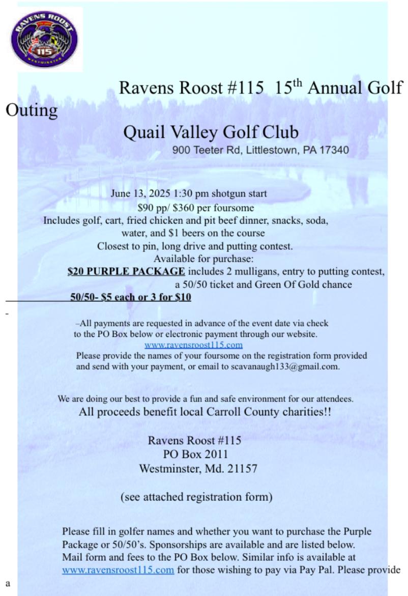 Ravens Roost #115   Annual Golf Outing  June 10, 2022 Quail Valley Golf Club 