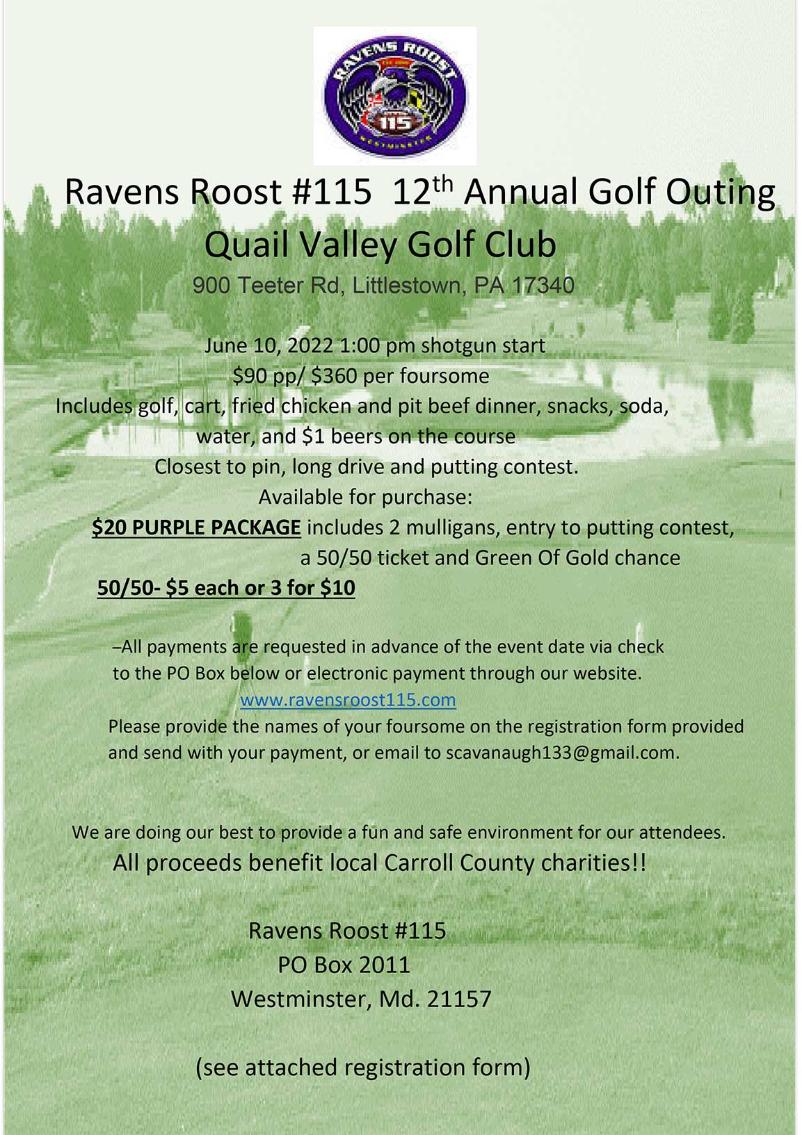 Ravens Roost #115   Annual Golf Outing  June 10, 2022 Quail Valley Golf Club 